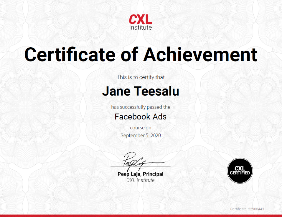 CXL certificate "Facebook Ads"